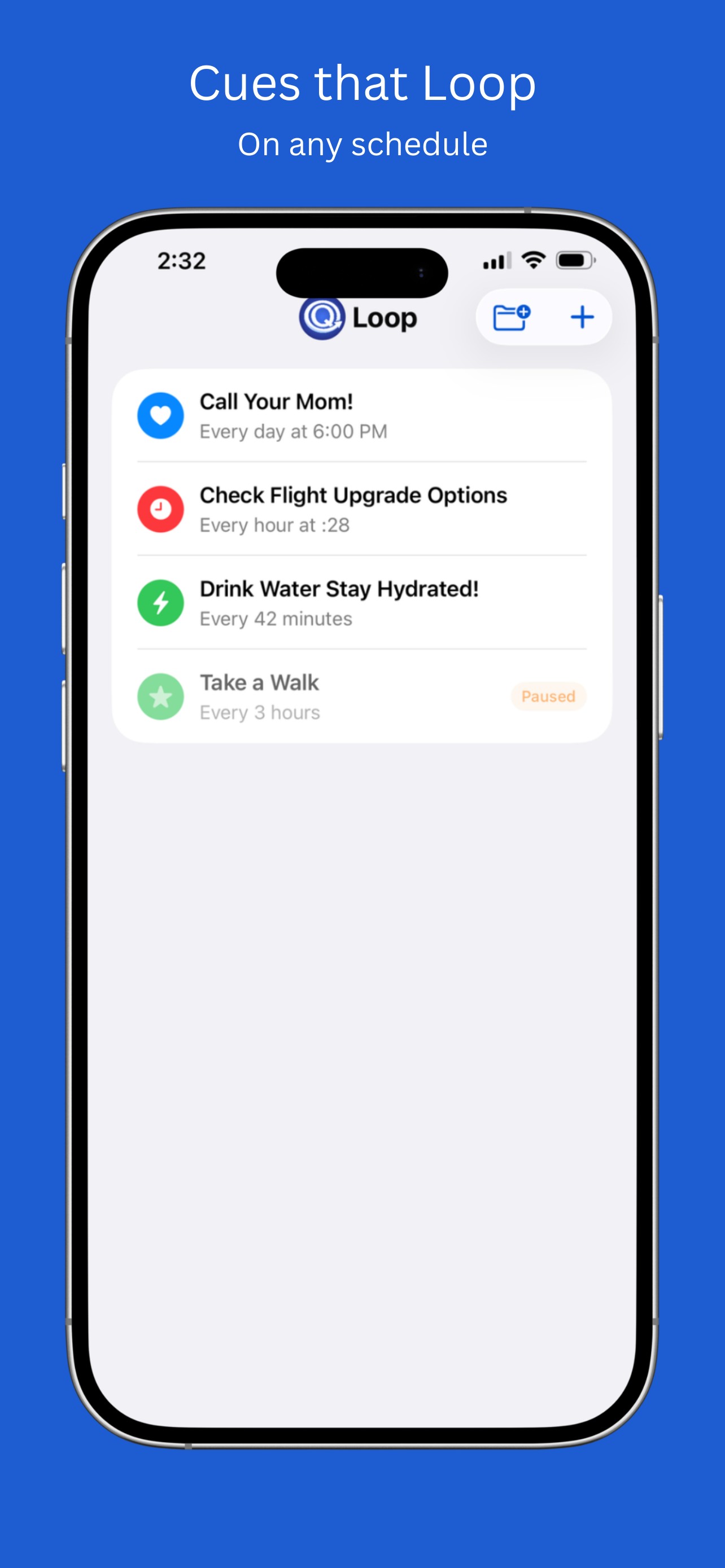 QLoop main screen - looping reminders list