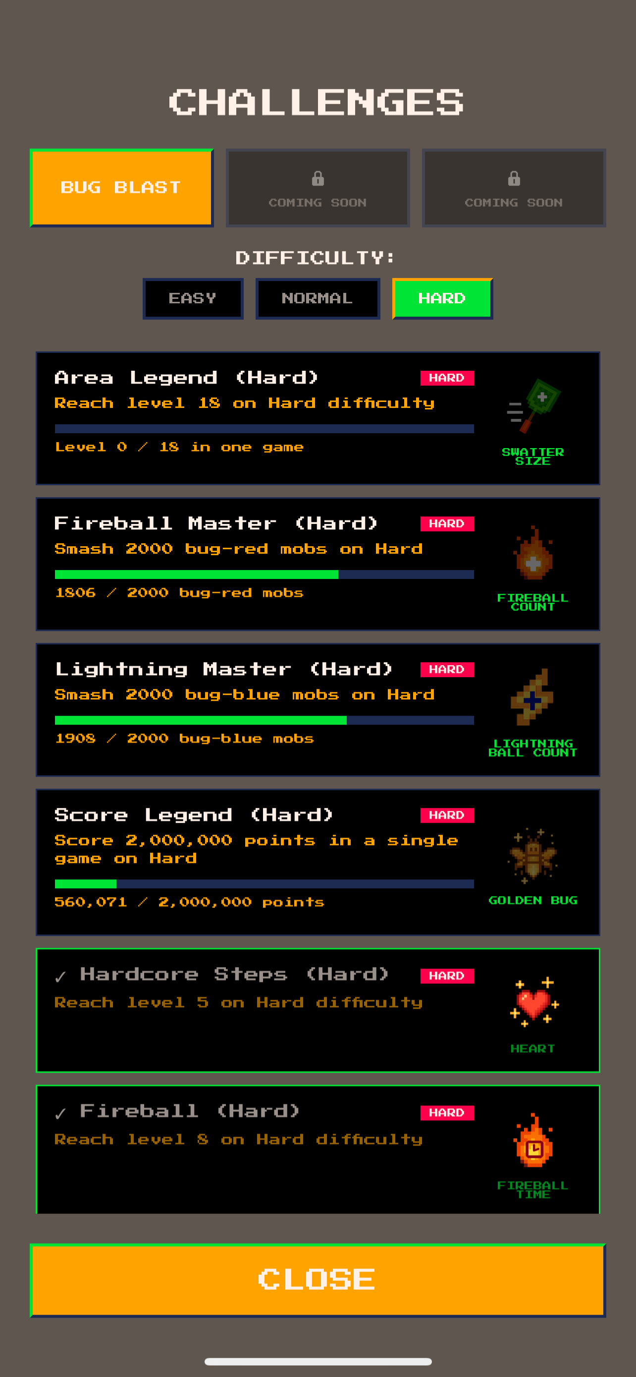 Smash'Em Up! challenges screen